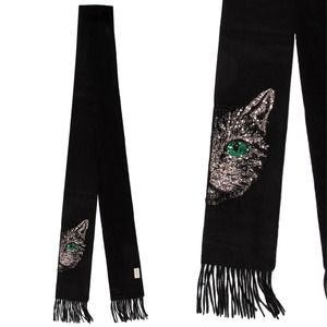 Gucci Black Silk Cashmere Blend Scarf Mystic Cat Sequin Fringe Edges